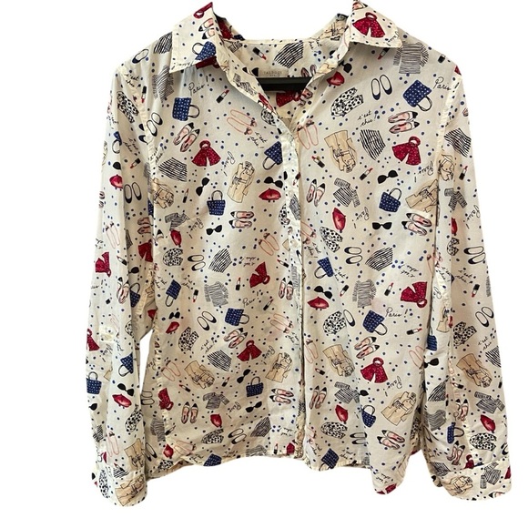 Talbots Paris Print Button Down Blouse Size M Long Sleeve C’est Chic 100%Cotton - Picture 4 of 13